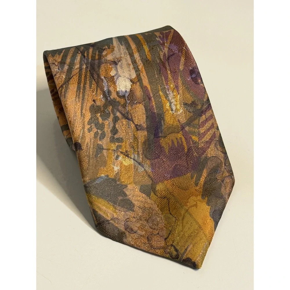 VTG Oscar de la Renta Studio Necktie Gold Abstract Painterly Retro Men Accessory